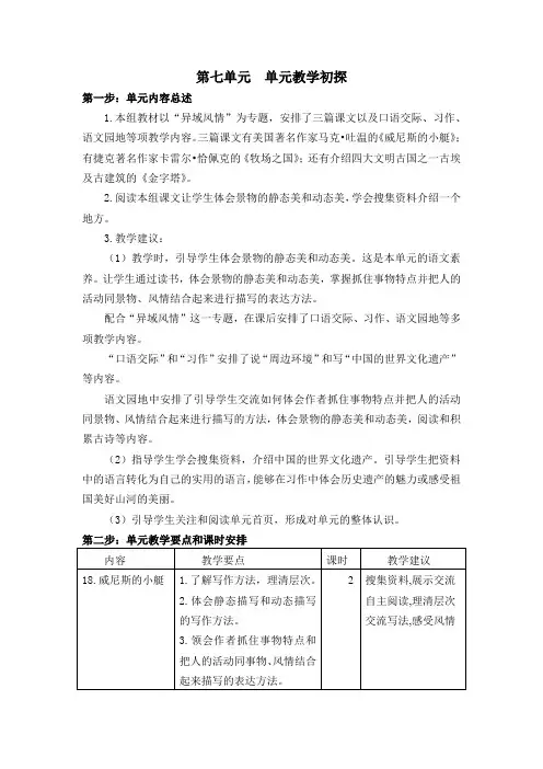 部编版五年级语文下册第七单元教学初探(含单元内容总述+教学要点+课时安排)【最新】