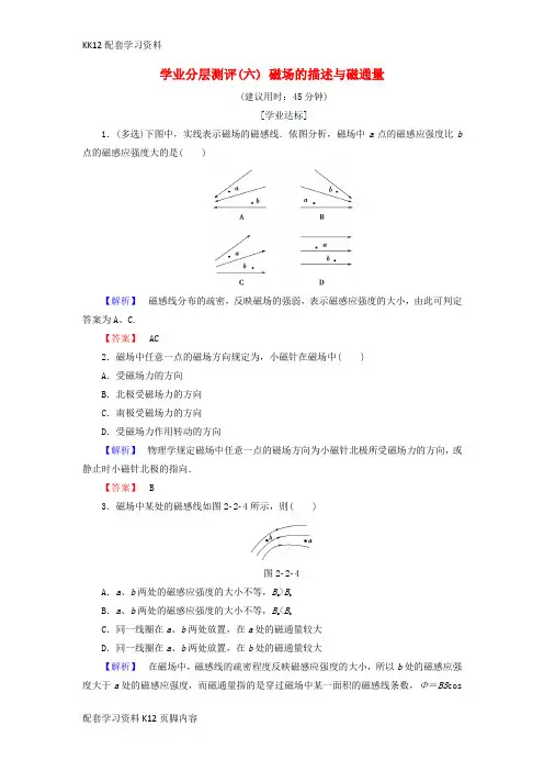 [K12配套]2018版高中物理第2章磁及其应用学业分层测评6磁场的描述与磁通量鲁科版选修1_1