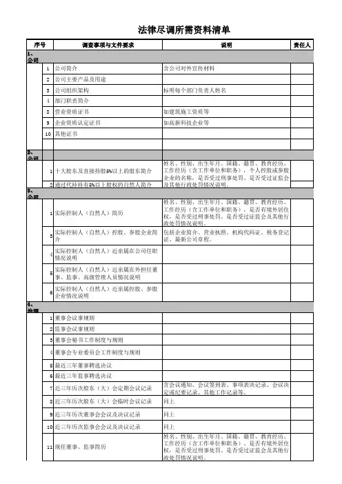 法律尽调资料清单