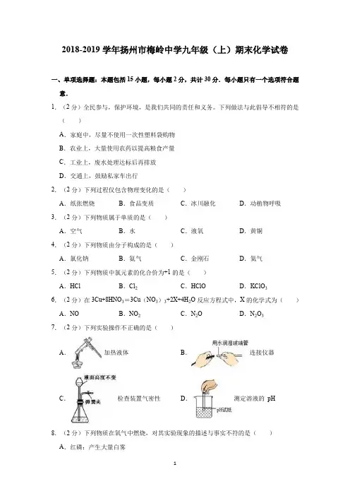 2018-2019学年江苏省扬州市邗江区梅岭中学九年级(上)期末化学试卷 解析版