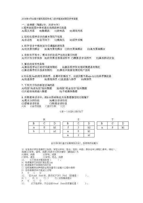 2008年4月全国计算机等级考试二级VB笔试试题及参考答案