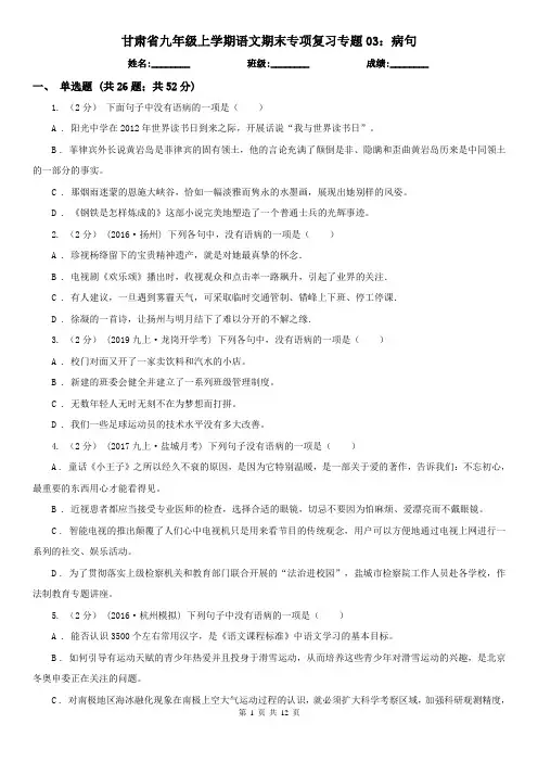 甘肃省九年级上学期语文期末专项复习专题03：病句