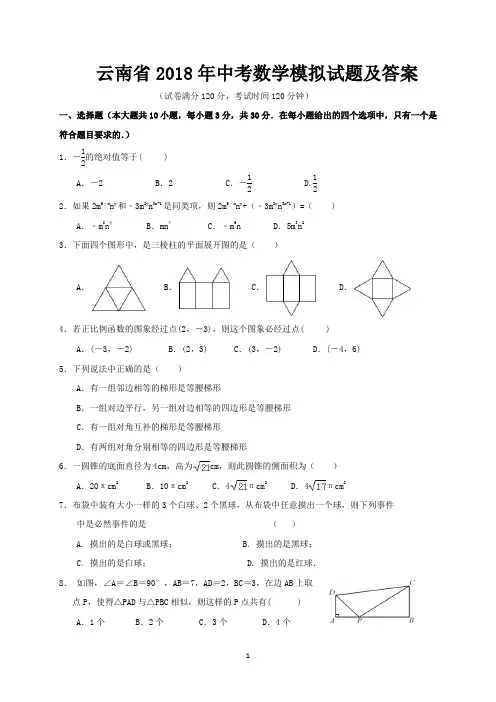 云南省2018年中考数学模拟试题及答案