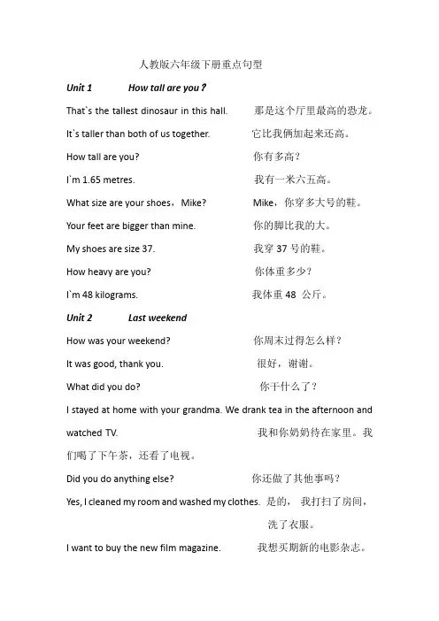人教版六年级下册重点句型