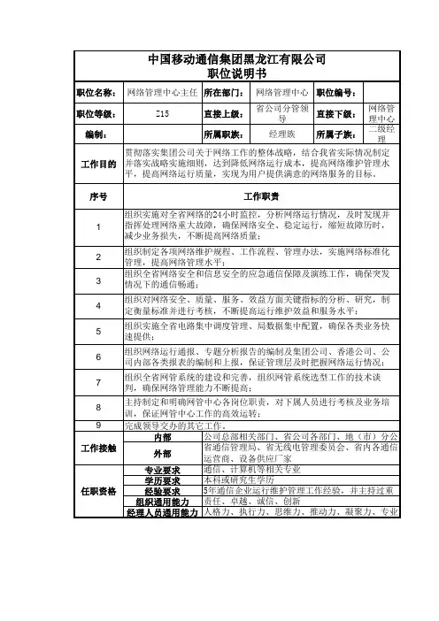 职位说明书-XX运营商网络管理中心主任