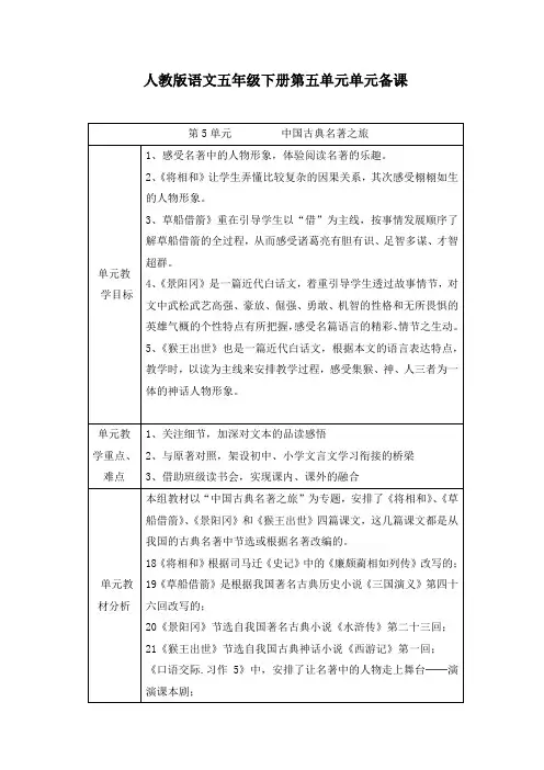人教版五年级下册语文第五单元单元备课