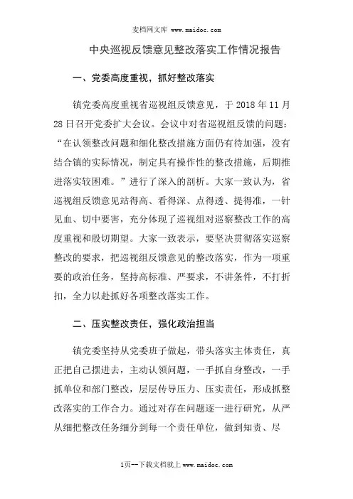 中央巡视反馈意见整改落实工作情况报告