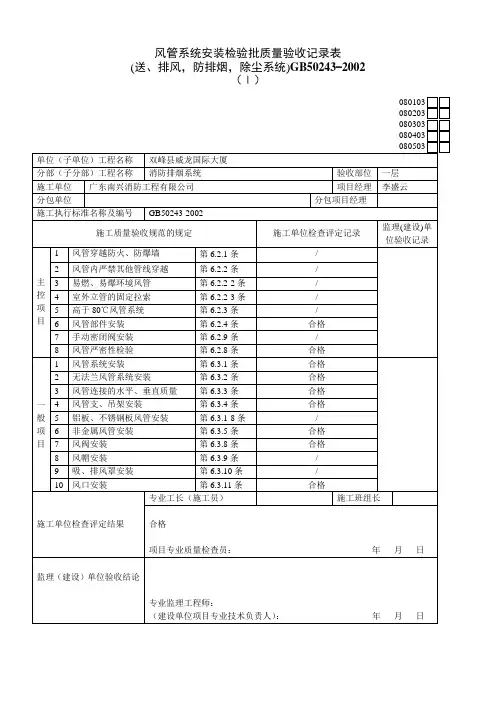 风管系统安装检验批质量验收记录表Ⅰ