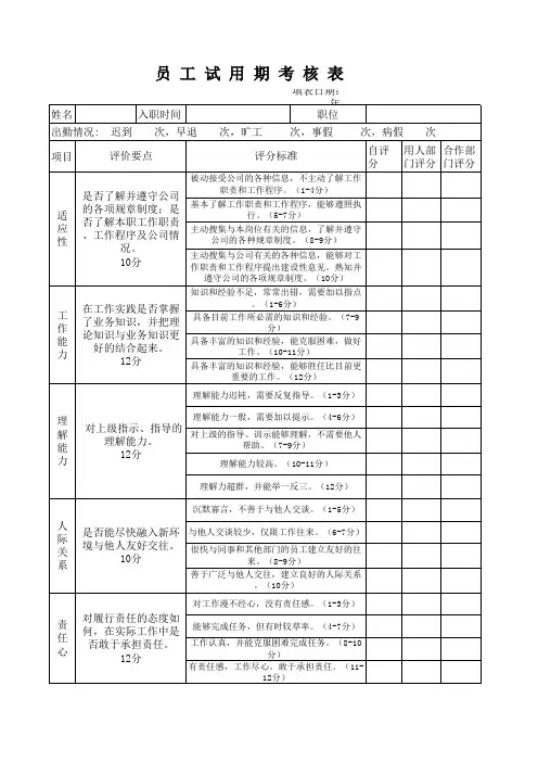 试用期转正考核表