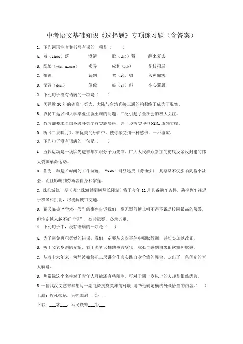 中考语文基础知识《选择题》专项练习题(含答案)