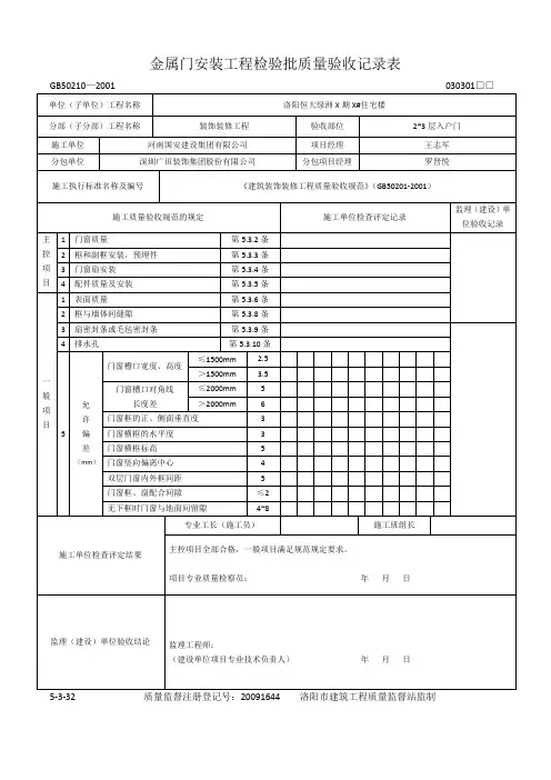 金属门安装工程检验批质量验收记录