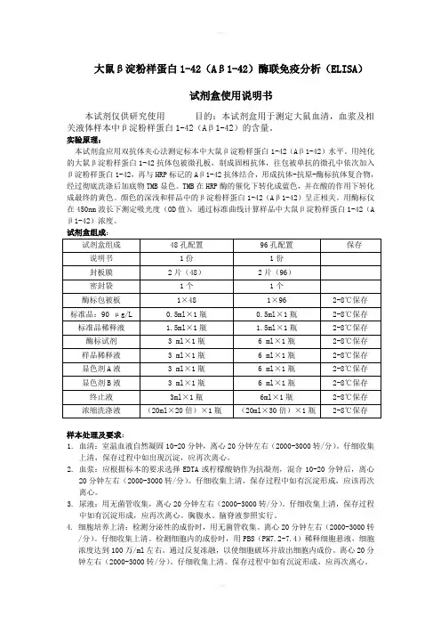 大鼠β淀粉样蛋白42Aβ42酶联免疫分析ELISA