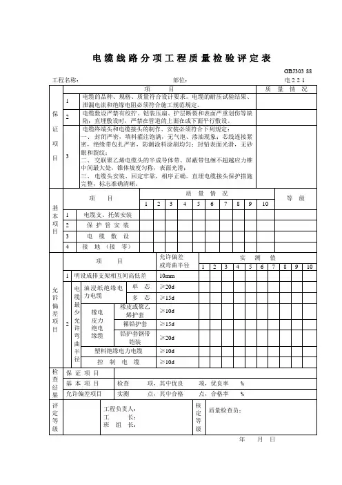 电缆线路分项工程质量检验评定表