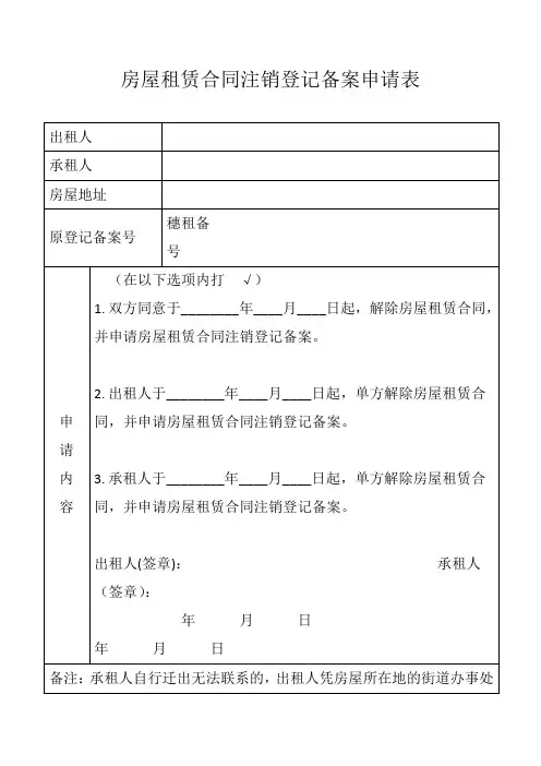 房屋租赁合同注销登记备案申请表