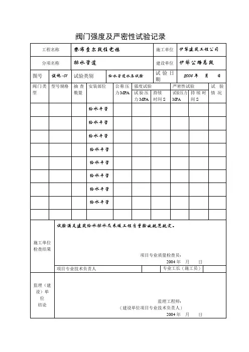 阀门强度及严密性试验记录
