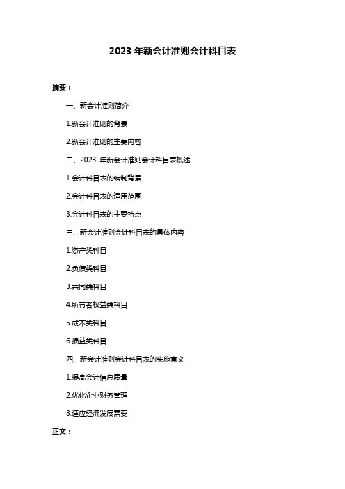 2023年新会计准则会计科目表