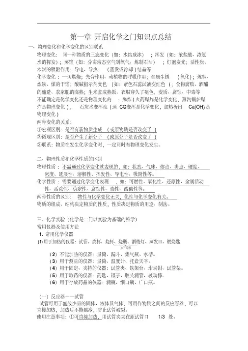 沪教版九年级化学上册知识点总结：开启化学之门