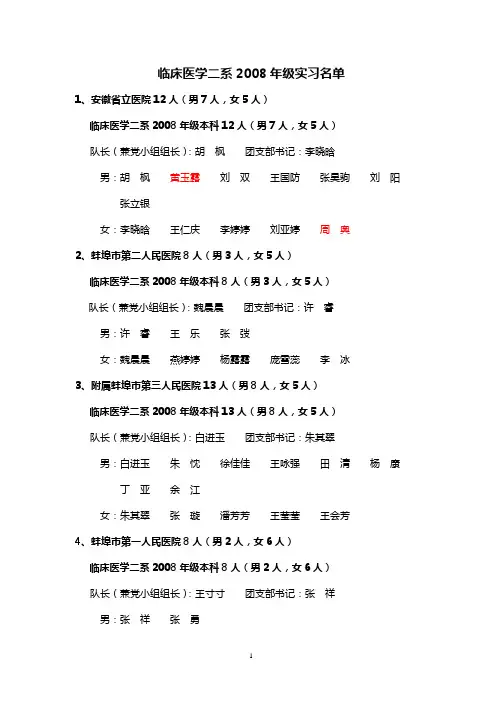 2008级二系实习安排表