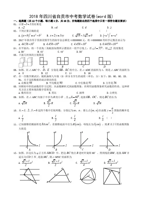 2018年四川省自贡市中考数学试卷(word版)无答案