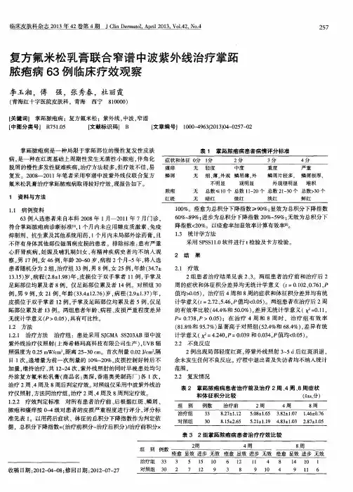 复方氟米松乳膏联合窄谱中波紫外线治疗掌跖脓疱病63例临床疗效观察