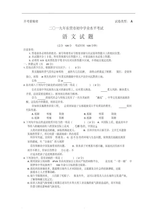 2019年山东省东营市中考语文试题(含答案)
