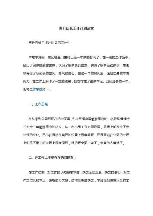 晋升店长工作计划范文