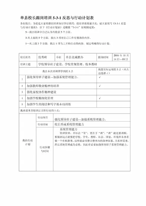 单县校长跟岗培训5-3-1反思与行动计划表