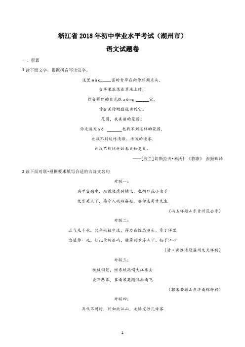 浙江省湖州市2018年初中学业考试语文试题(原卷版)