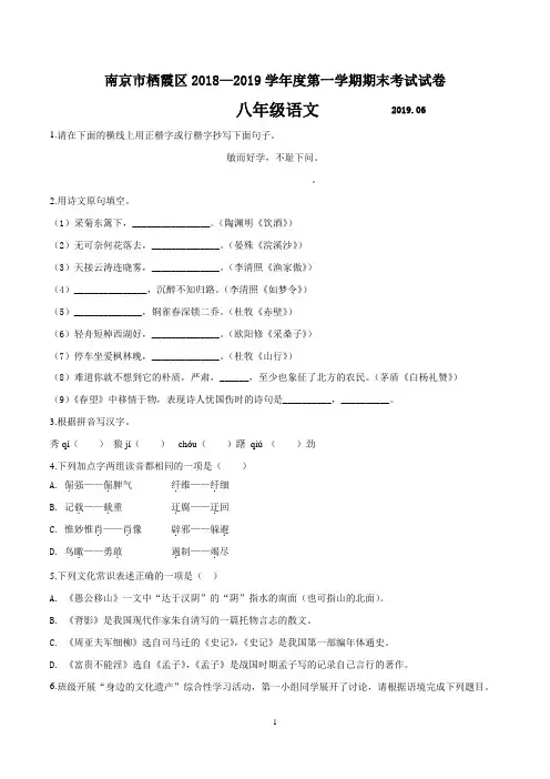 南京市栖霞区2018-2019学年度第一学期期末考试八年级语文(含答案)