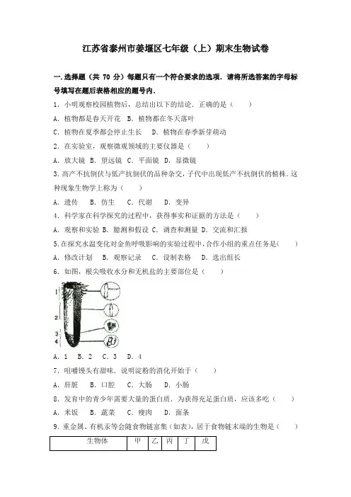 姜堰区七年级(上)期末生物试题(解析版)