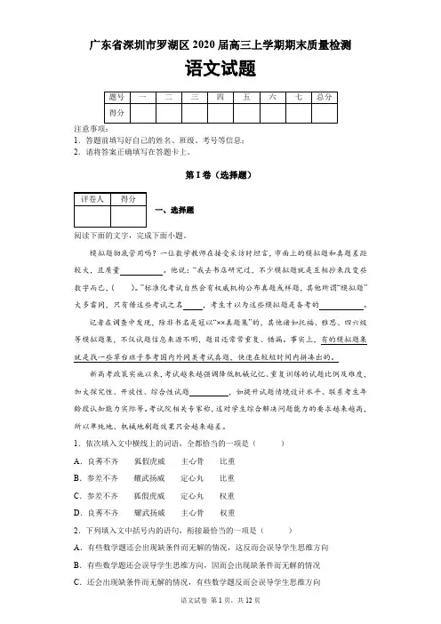 广东省深圳市罗湖区2019-2020学年高三上学期期末质量检测语文试题及答案解析