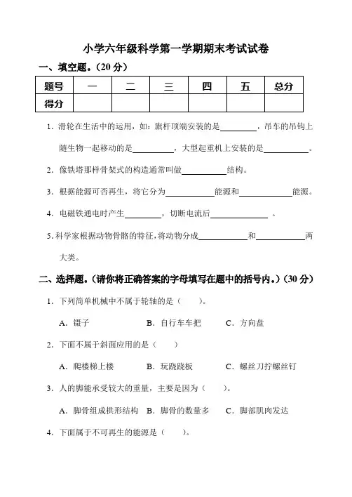 人教版小学六年级科学上册期末考试试卷及答案