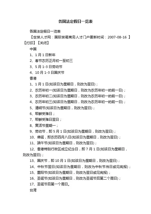 各国法定假日一览表