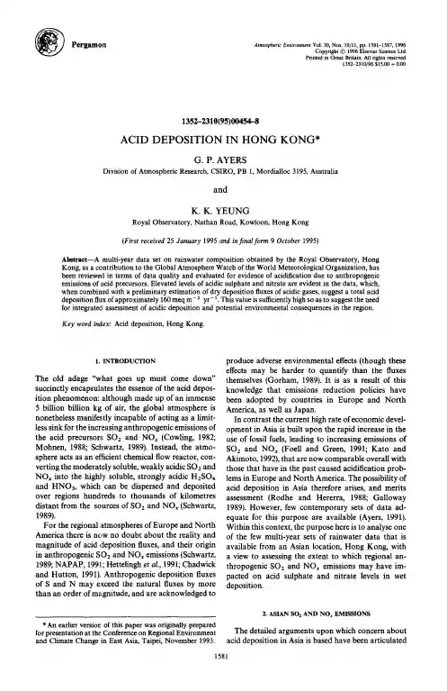 ACID DEPOSITION IN HONG KONG