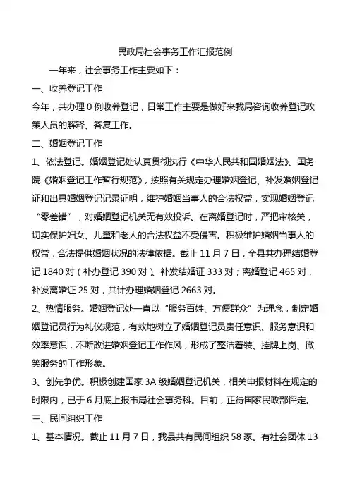 民政局社会事务工作汇报范例.doc