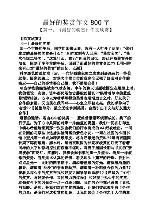作文范文之最好的奖赏作文800字