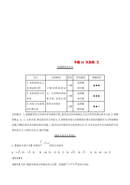 三年高考(2016-2018)高考数学试题分项版解析 专题18 双曲线 文(含解析)
