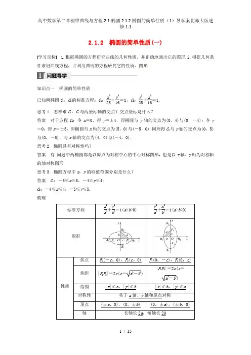 高中数学第二章圆锥曲线与方程2.1椭圆2.1.2椭圆的简单性质(1)导学案北师大版选修1-1
