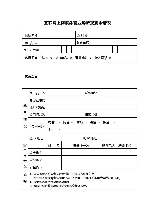 互联网上网服务营业场所变更申请表