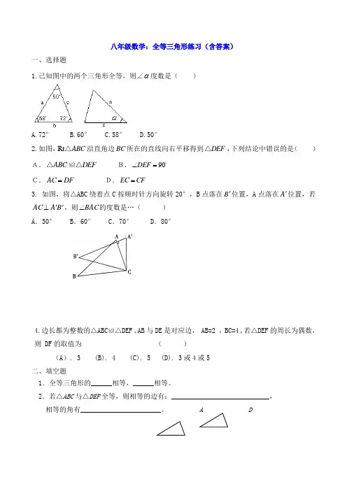 八年级数学：全等三角形练习(含答案)