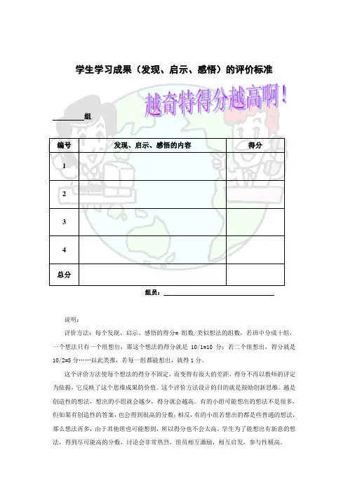 学生学习成果(发现、启示、感悟)的评价标准