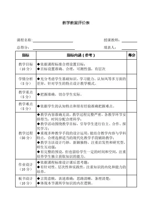 教学教案评价表