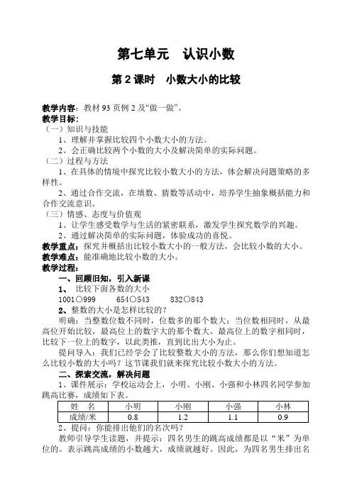 《小数大小的比较》教学设计
