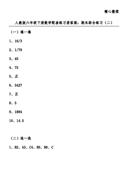 人教版六年级下册数学配套练习册答案：期末综合练习(二)