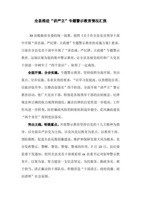 全县推进“讲严立”专题警示教育情况汇报