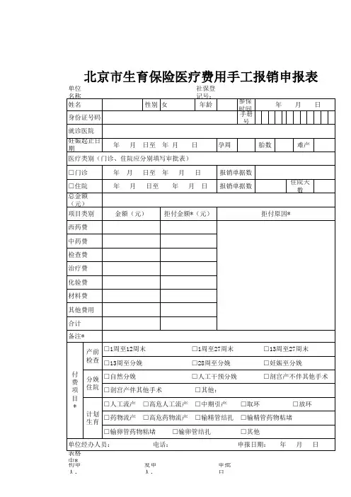 生育保险医疗费手工报销申报表