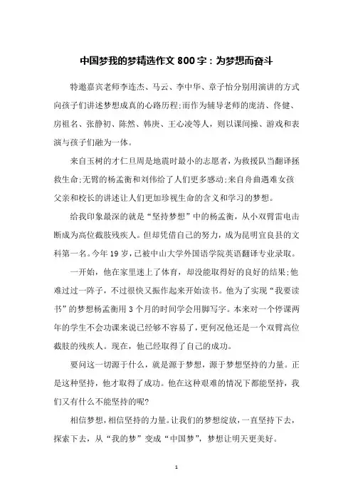 中国梦我的梦精选作文800字：为梦想而奋斗