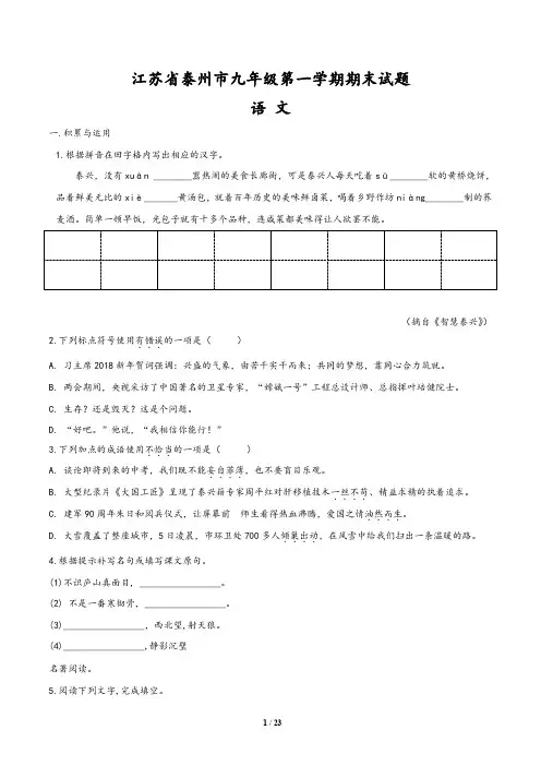 江苏省泰州市九年级语文第一学期期末试题(含解析版答案)