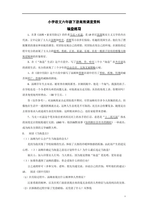 小学语文六年级下册高效课堂资料汤姆索亚历险记填空练习答案