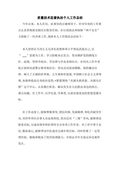 2020年质量技术监督执法个人工作总结